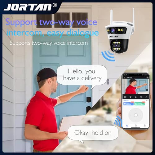 JORTAN 6MP 2-in-1 Dual Camera Smart Wifi Security Camera 12V/2A HD Outdoor PTZ Cam Horizontal and Up Down Rotation with Person/Vehicle Detection & Color Night Vision & Spotlight Siren & Two Way Audio