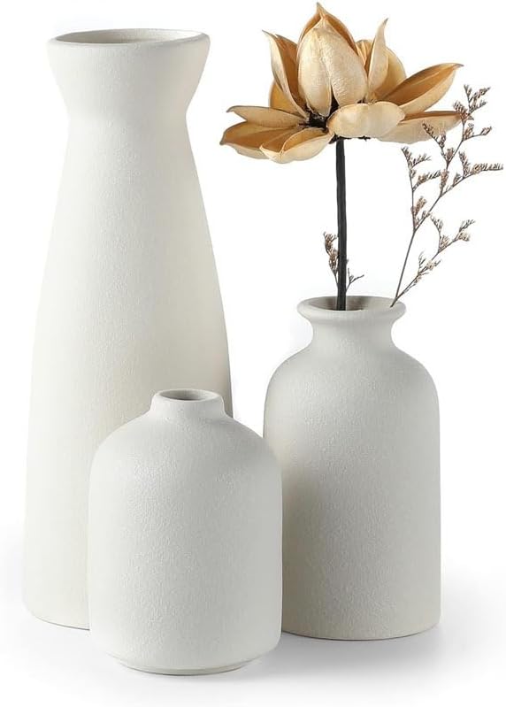 Home Decor Ceramic Vase Set of 3 : Pampas Grass Dried Flowers Vase Morden Boho Vases Decoration Items for Living Room Home Kitchen Dinner Table Shelf Office Desk Decor(White)
