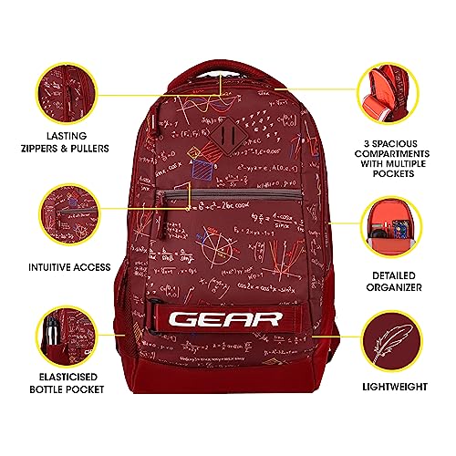 Gear Calculus 34L Large Water Resistant School Bag with Rain Cover/Kids Bag/Casual Backpack/Daypack/Travel Backpack/College Bag for Boys/Men (Maroon)