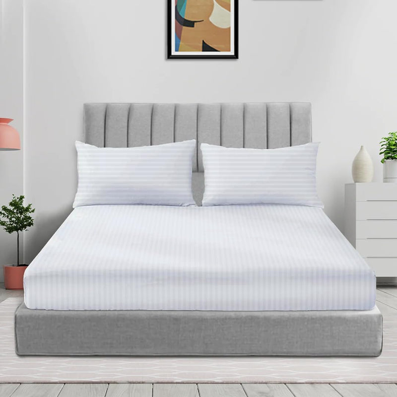 Sleep Well Microfiber Stripe Fitted Sheet with Pillowcase Set - 90x200+17cm (Beige) - White 150x200+17cm
