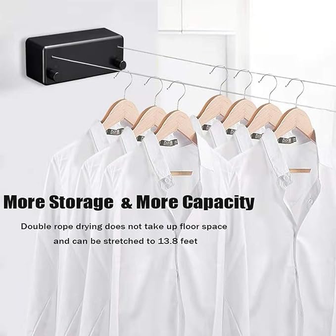 TAPIT Retractable Clothesline Indoors Laundry Line with Adjustable Stainless Steel Double Rope 13.8FT Wall Mounted Space-Saver Drying Line for Balcony Bathroom (Black)