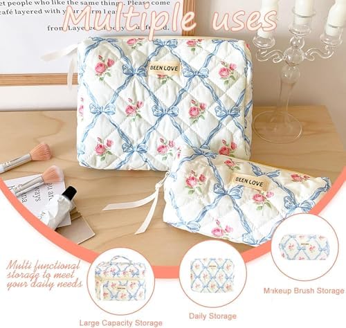 Quilted Cotton Makeup Pouch, Coquette Quilted Toiletry Bag for Women and Girls, Floral Coquette Organizer Bag, Aesthetic Travel Cosmetic Bags (White Shells Drawstring)