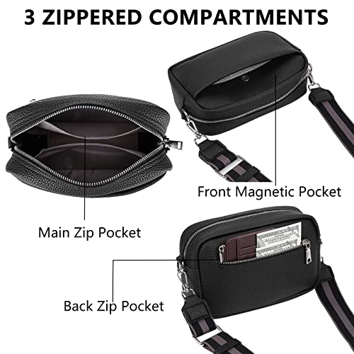 Efilra Crossbody Bag for Women, Small Leather Camera Purse Thick Strap Cross-body Bags, Triple Zip Shoulder Bag with Guitar Strap, B-black, Camera Crossbody Bag