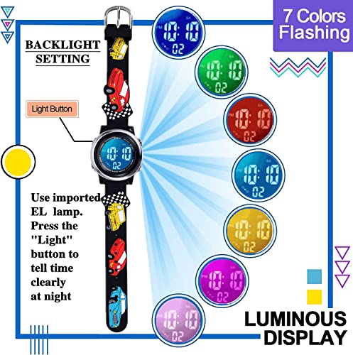 EVCRIERH Kids Digital Watches Toddler 3D Cartoon Wrist Watch 7 Color Luminous Waterproof Sport Watch Electrical Watches with Alarm Stopwatch for 3-10 Year Boys Girls (Black)