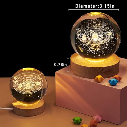 NALACAL 3D Planet Crystal Ball Night Light for Valentines Day, Space Galaxy With Wooden Base, 3D Engraved Solar System With LED Light Base for Kids, Gift for Valentines Lovers