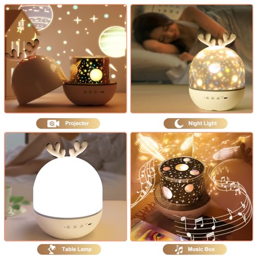 4-in-1 Night Light Projector with Timer and Remote Control for Kids Gift, USB Rechargeable Night Lamp 360°Rotatable Sound Machine Baby Sleep Lighting Starry Projector for Baby Children Teen Adult