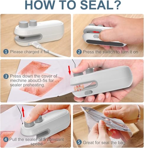 MOMENT Mini Bag Sealer, Heat Bag Sealer with Cutter for Chips Snacks, Type C Rechargeable Handheld Bag Resealer Portable Plastic Sealer Heat Seal Vacuum Automatic Sealing Machine Random Color