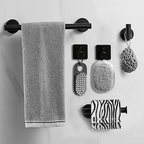 DERANQIIUA Bathroom Hardware Set, Wall Mounted Towel Rail, 5 Pieces Brushed Nickel Bathroom Accessories Set, Stainless Steel Toilet Roll Holder And Hooks (black1)