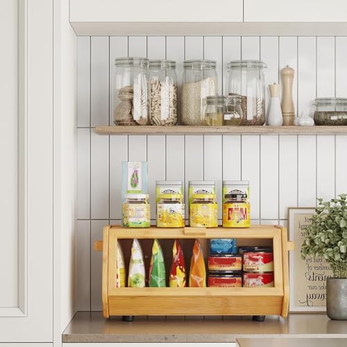 VITAL Bamboo Bread Box keep The Bread Fresh For Kitchen Counter-Large Capacity Wooden Bread Storage Container Farmhouse Bread Box with Window Bread Holder