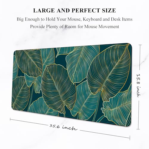 Auhoahsil Desk Mat, Ultra Large Mouse Pad, XXL Gaming Mousepad, Green Tropical Leaves Desk Pad, Big Extended Full Size Mouse Pad, Desktop Desk Matt for Keyboard, Laptop & Computer, 35.5 x 15.7 in