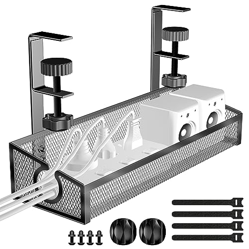 Under Desk Cable Management Tray Black, No Drill Organizer With Clamp for Wire Management, PC Cord Accessories & Workspace Organizers for Office, Home