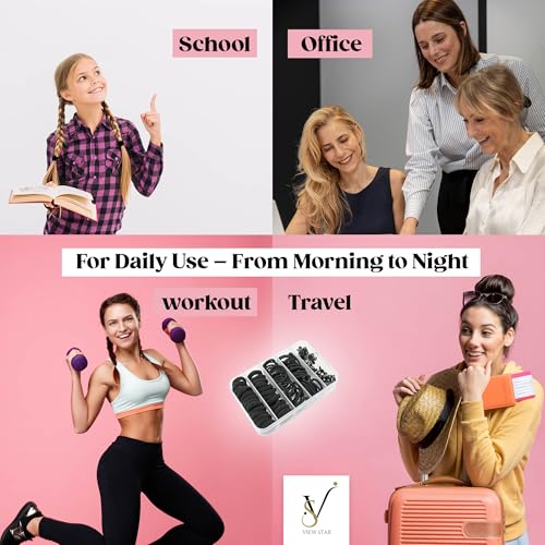 Viewstar 74 PCS Black Hair Ties Set - Durable Elastic Rubber Bands & Mini Claw Clips for Women & Girls ??No Damage, Strong Hold, Travel-Friendly Storage Box