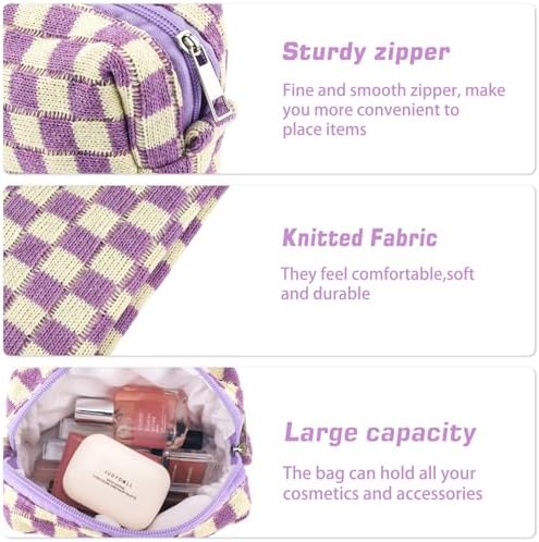 ZLFSRQ 3Pcs Checkered Makeup Bag for Women Large Cosmetic Bag Set Travel Toiletry Bag Makeup Pouch Bag for Purse Pink Zipper Storage Bag Organizer Cute Small Aesthetic Girls Car Essentials Bag