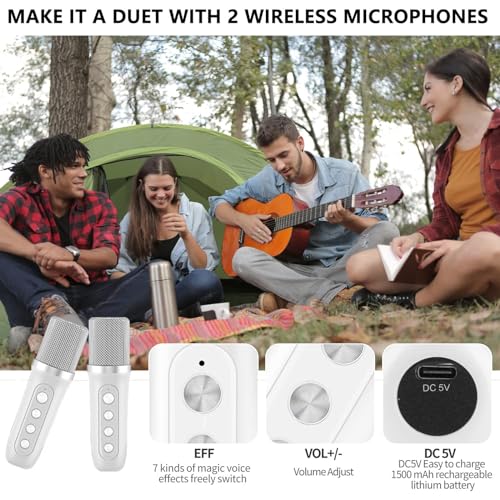 ACHAS Bluetooth Speaker with 2 Wireless Microphone Set, Wireless Karaoke Bluetooth Speaker, Portable Karaoke Machine, Portable Karaoke Mics Speaker Machine for Adults (Silver)