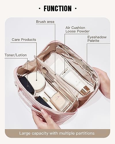 EACHY Travel Makeup Bag,Large Capacity Cosmetic Bags for Women,Waterproof Portable Pouch Open Flat Toiletry Bag Make up Organizer with Divider and Handle