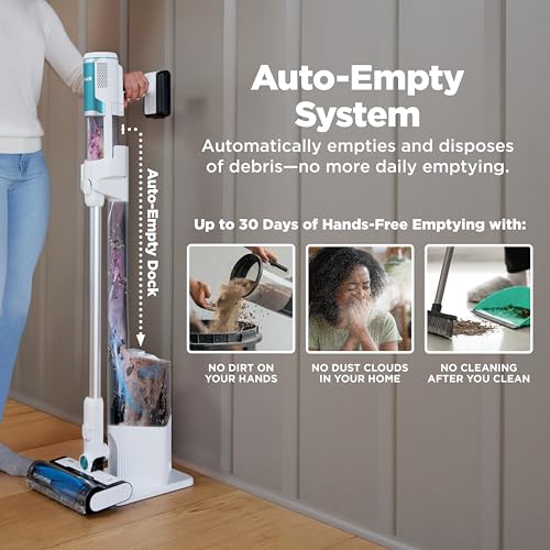 Shark Clean & Empty â€“ Lightweight Cordless Vacuum Cleaner with HEPA Filter, Powerful Suction, Portable, Rechargeable, Auto-Empty System, Stick Vacuum for Pet Hair, Carpets & Hardfloor, White BU3521