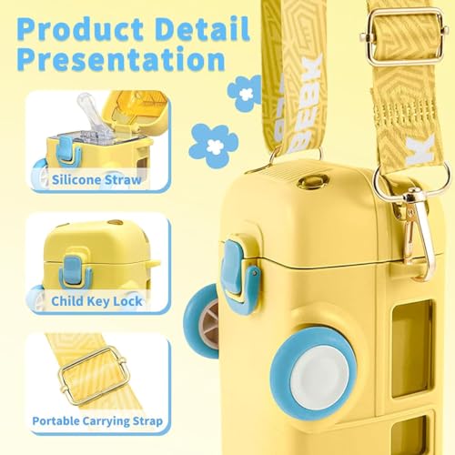 ALMEKAQUZ Bus Water Bottle for Kids,16.9oz/500ml Car Water Cup with Straw and Strap,Leakproof Plastic Drinking Jug with Movable Wheels for Boys School Sports Camping Picnic Hiking Travel Gift - Yellow