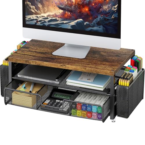 gianotter Monitor Stand Riser, Desk Organizer with Drawer and Pen Holder, 2-Tier Computer Stand, Office Desk Accessories, Office Organization (Wood)