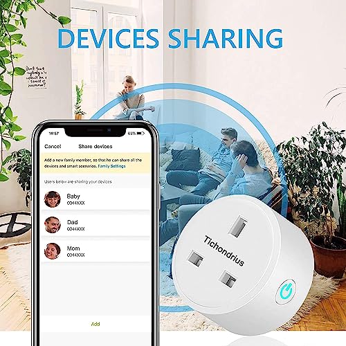Tichondrius WiFi Smart Plug, 4 Pack 16A Smart Outlet Plug Socket Compatible with Alexa, Mini Socket with Remote Control & Voice Control with Electricity Statistics Timer Function, No Hub Required