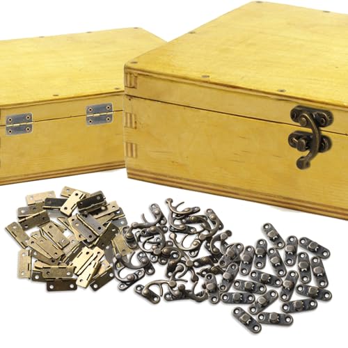 Prasacco 300-Piece Jewelry Box Hardware Set, includes 40 Jewelry Box Hinges 20 Antique Right Latches Hook Hasps 240 Replacement Screws, Small Decorative Hinges for Wooden Box Cabinet (Bronze Color)