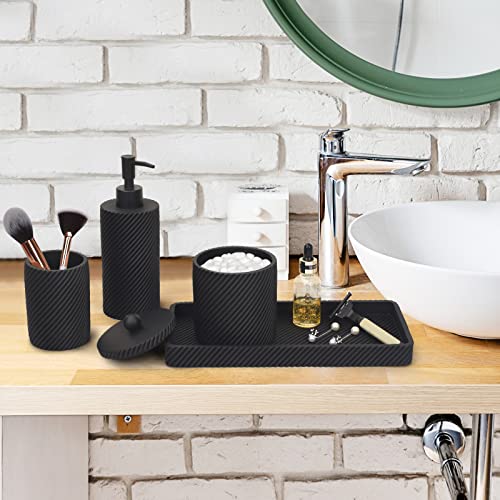 LeucSuiok Bathroom Accessories Set 4Pcs-Lotion Soap Dispenser,Toothbrush Holder,Qtip Holder Dispenser,Vanity Tray for Decor Bathroom Countertop,Vanity Organizer-Matte Black