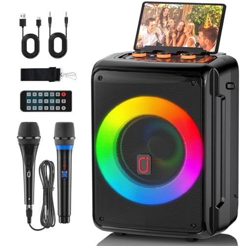 JYXAE-D13 Karaoke Machine for Adults and Kids, Bluetooth Speaker with 2 Microphones, Portable Party Karaoke Speaker with DJ Lights Support USB/AUX/REC, PA System Best Gift for Brithday etc
