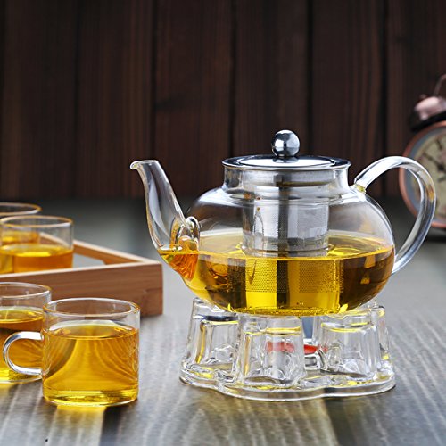 GOLDBEARUK Clear Glass Teapot Stainless Steel Infuser Set with Tealight Warmer