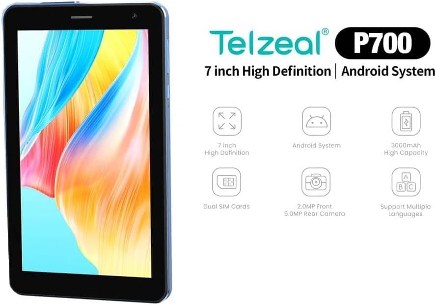 Telzeal P700 5G 7 Inch Android Tablet with Dual SIM 6GB RAM 256GB ROM and 3000 mAh Battery (Gold)