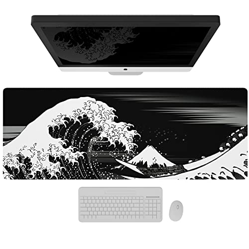 Ovenbird Extended Gaming Computer Mouse Pad, Large Black Mouse Pad for Desk, Cute Anime Japanese Great Wave Desk Pad for Keyboard and Mouse, Black, 31.5 x 11.8 x 0.12 inches