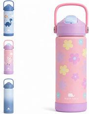 18oz Kids Water Bottle Stainless Steel with Straw Leak Proof Water Bottle for Kids School BPA-Free Blue Toddler Bottle with Silicone Base Insulated Water Bottle for Boys - Flowers