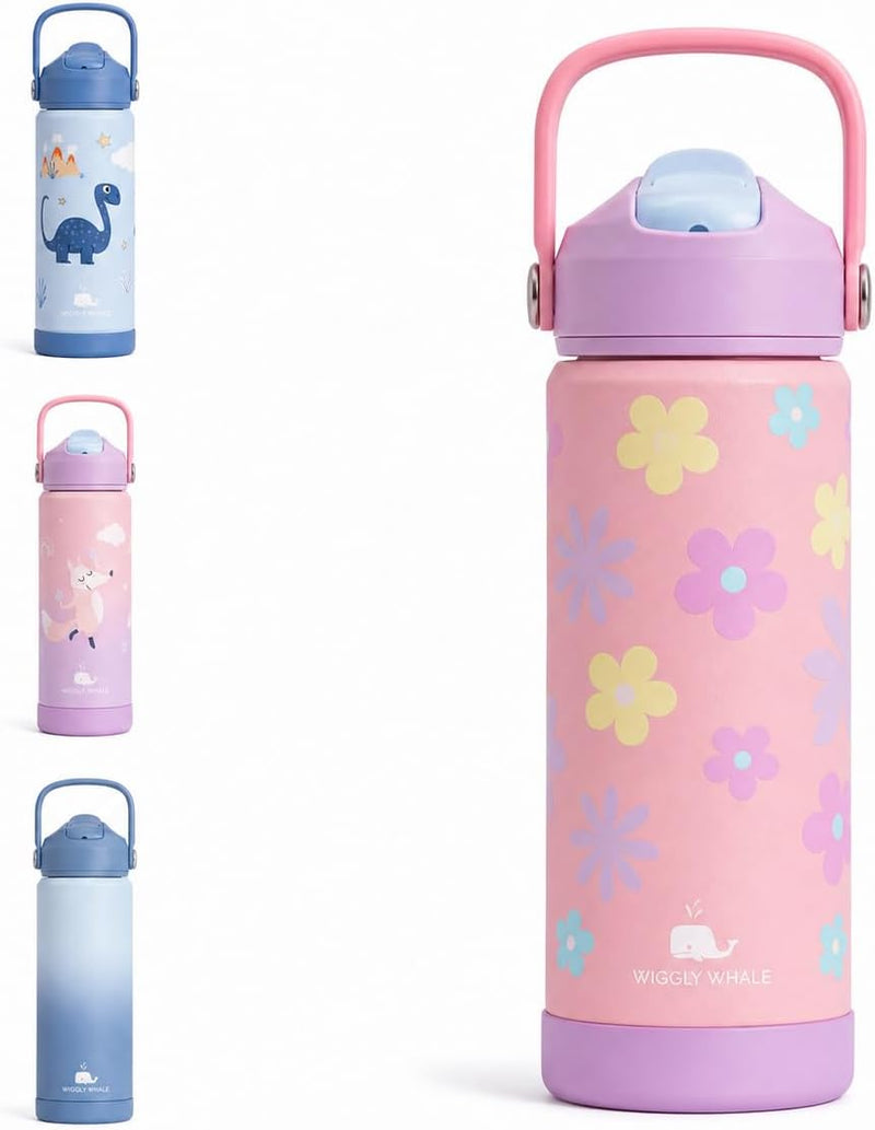 18oz Kids Water Bottle Stainless Steel with Straw Leak Proof Water Bottle for Kids School BPA-Free Pink Purple girls Bottle with Silicone Base Insulated Bottle for Girls 550ml - Flowers