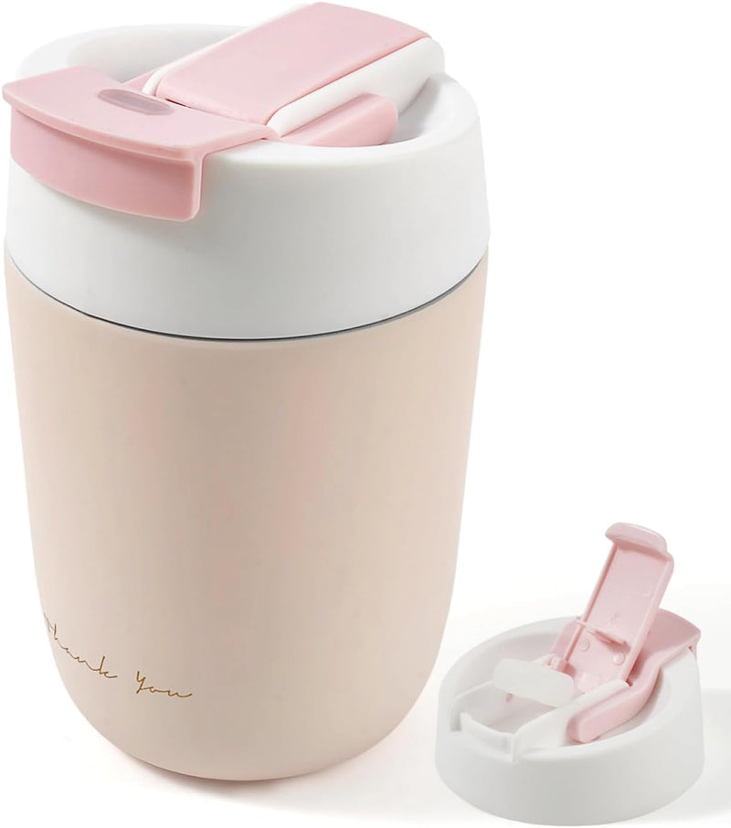 Travel Coffee Mug with Ceramic Coating, 12oz Double Wall Insulated Coffee Tumbler with Lid and Straw, Stainless Steel Leak Proof Tumbler Reusable Coffee Cup for Cold&Hot Drinks, Men Women, Pink