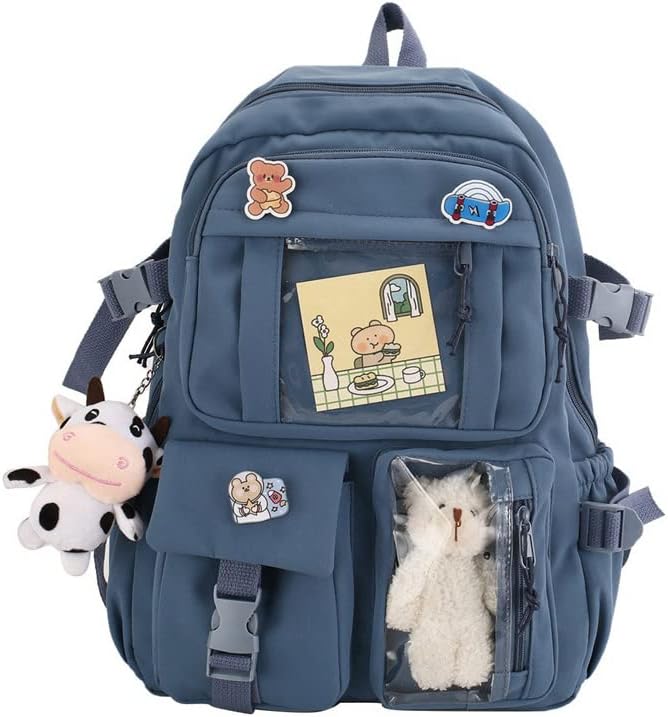 School bag, school bag leisure backpack middle school student laptop backpack, waterproof backpack, suitable as school bag, accessories plush pendant - blue