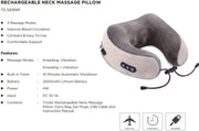 Rechargeable Neck Massage Pillow (TS593NM) 3 Modes (Kneading, Vibration, Combined), 2000 mAh Battery, 10Min AutoShutoff, USBC Input, Includes Carry Bag & Ear Plugs