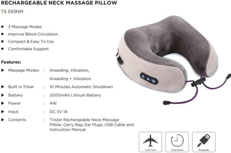Rechargeable Neck Massage Pillow (TS593NM) 3 Modes (Kneading, Vibration, Combined), 2000 mAh Battery, 10Min AutoShutoff, USBC Input, Includes Carry Bag & Ear Plugs
