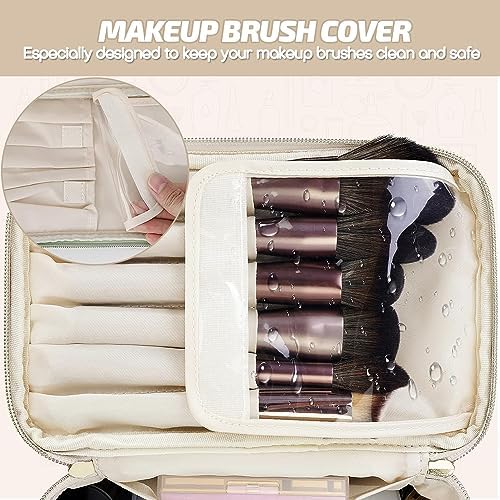 PawPawU Makeup Bag, Travel Cosmetic and Toiletry Organizer, Vegan Leather Waterproof Beauty Washbag with Handle to Keep Your Make up, Brushes, Skincare Products Organized (Beige)