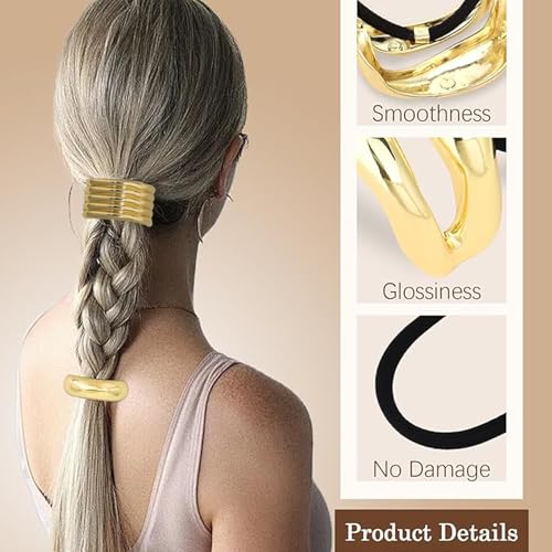 3PCS Metal Hair Ties, Ponytails Hair Cuffs Metal Geometric Elastic Hair Ties Women's Glossy Ponytail Hair Elegant Durable Design Tie Hair Accessories for Thick Hair Ponytails suitable (gold, 3pcs)