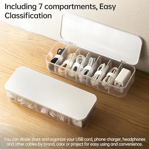 Cable Organizer Storage Box with 7 Wire Ties, Desktop Cable Management Box with Lid, Power Cord Organizer with 7 Compartments for Office, Home, Desk Accessories Storage Stationery Supplies White
