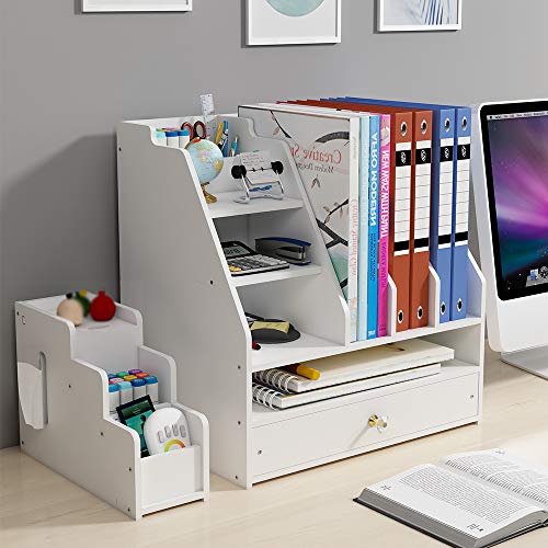 BlayaAdd Desk Organizer with Pen Holder, DIY White Office Stationery Desktop Storage Holder Sorter with Drawer for Home, Office and School (PB04)
