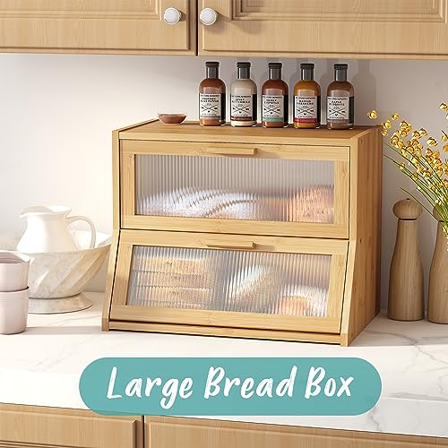 Vriccc Black Large Bread Box for Kitchen Counter, Bamboo Wooden Double Layer Large Capacity Bread Storage Bin with Acrylic Wavy Door Panel (Natural)