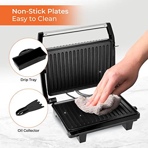 Geepas Stainless Steel Grill Maker, Power and Ready Light, GGM5394 | Non-Stick Cooking Plate | Easy to Clean | Practical Cable Winding | Lid Locking for Space-Saving Vertical Storage | Pilot Light