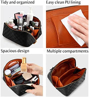 ALEXTINA Large Capacity Travel Cosmetic Bag - Portable Makeup Bags for Women Travel Toiletry Bag Waterproof Leather Checkered Makeup Organizer Bag, Roomy Cosmetic Bag for Women and Girls, Black,