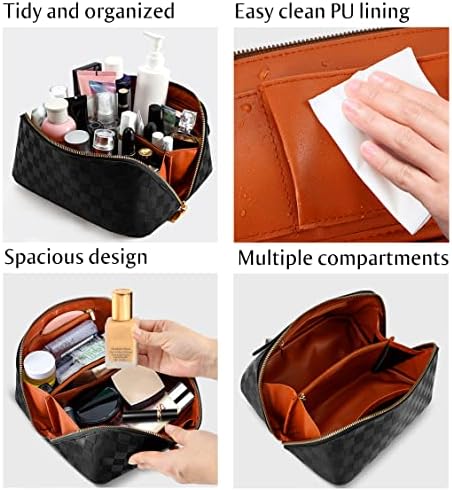 ALEXTINA Large Capacity Travel Cosmetic Bag - Portable Makeup Bags for Women Travel Toiletry Bag Waterproof Leather Checkered Makeup Organizer Bag, Roomy Cosmetic Bag for Women and Girls, Black,