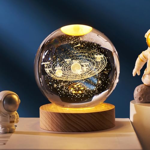 Aowin 3D Crystal Ball Night Light Galaxy Crystal Lamp LED Light with Wooden Base Glass Ball,Home Decoration Ornament,Birthday Gift for Girlfriend,Kids Crystal Ball Lamp,Warm Nightlight - Solar System
