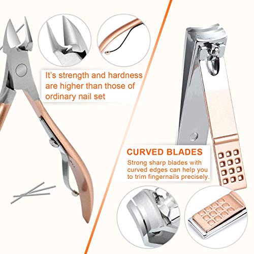 ORiTi Manicure Set Nail Clippers Pedicure Kit, Professional Rose Gold Stainless Steel Personal Grooming Kit, 18 in 1 Nail Care Tools with Luxurious Leather Travel Case (ROSE 18 PC SET)