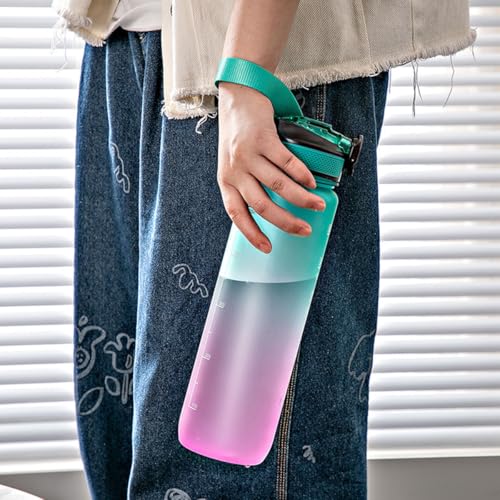 ECVV® 1L Motivational Water Bottle with Time Marker & Encourage Phrase - BPA Free, Leakproof Wide Mouth, Fast Flow Technology, Perfect for Daily Hydration(Green,Purple)