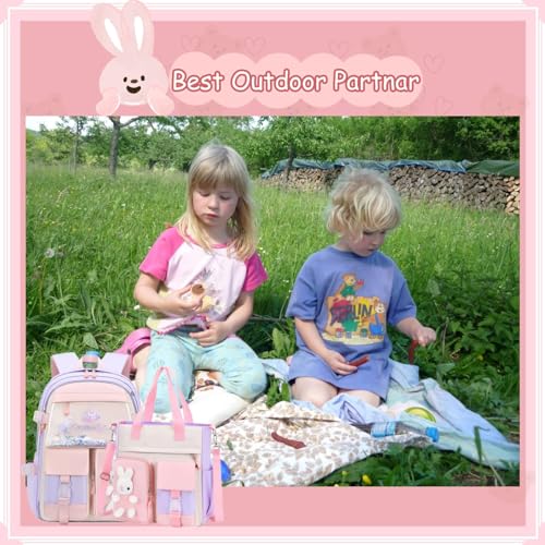 Excefore Bunny Backpack for Girls, Cute Kids Bookbag for Elementary School Teens, Kawaii Preschool Outdoor Daypack, Kids Backpack with Rabbit Dolls, Pink