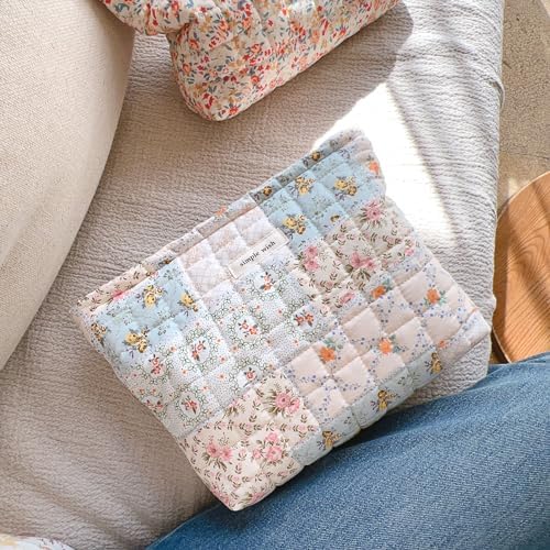 Sminra Floral Makeup Bag Large Cotton Quilted Cosmetic Makeup Bag Organizer, Aesthetic Portable Pouch Purse Toiletry Bag for Women Girls Travel accessories(Blue Floral-L)
