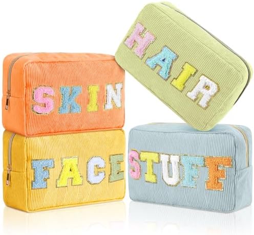 Pinkunn 4 Pcs Preppy Makeup Bags Christmas Chenille Letter Bag Face Skin Hair Stuff Cosmetic Bag Corduroy Makeup Pouch with Zipper Birthday Gifts for Women(Purple, Pink, White, Blue,Corduroy)