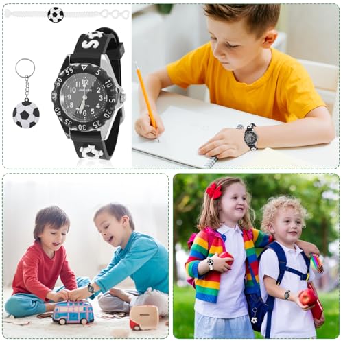 3 Pack Boys Watch With Football Keychain and Wristband Set, Black Toddler Watch Kids Watch Boys 3D Football Silicone Strap, Football Watch Watches for Boys Ages 5-7 Boys Watches For 7 Years Old,